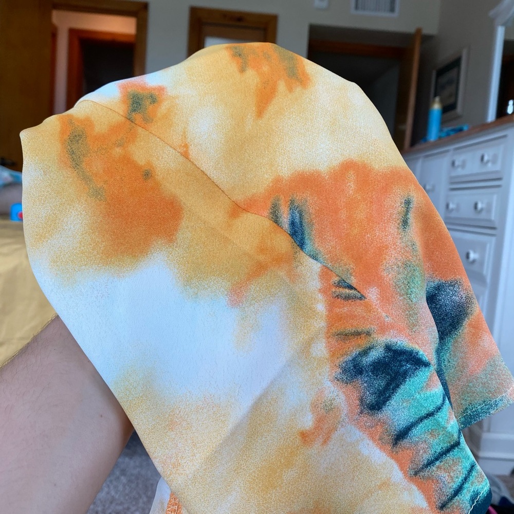 . Selfie Leslie Yellow/Orange Multicolor Tie Dye Thin Cowl Neck Mini Dress - Picture 10 of 15